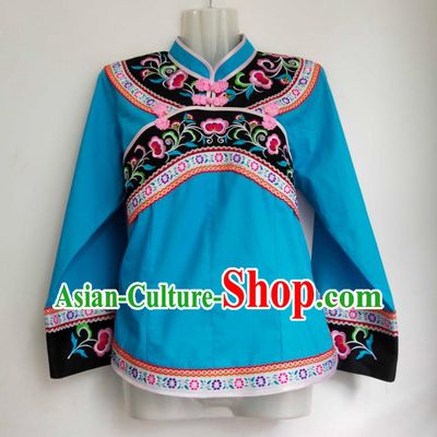 Chinese Guizhou Ethnic Performance Clothing Bouyei Nationality Woman Blouse Embroidered Blue Top Garment