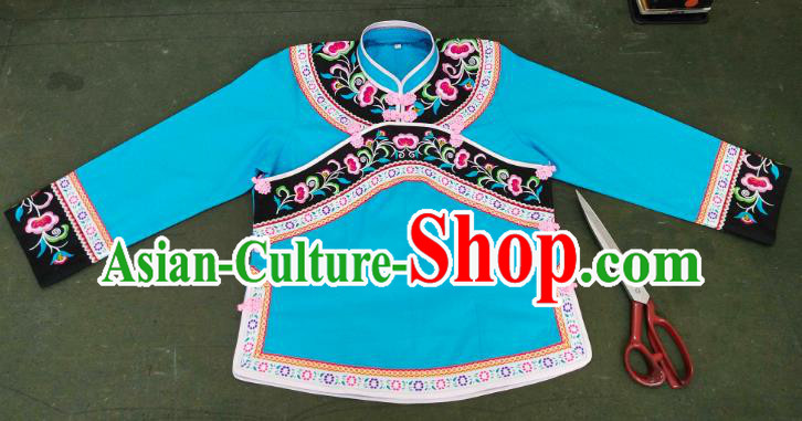 Chinese Guizhou Ethnic Performance Clothing Bouyei Nationality Woman Blouse Embroidered Blue Top Garment Chinese Guizhou Ethnic Performance Clothing Bouyei Nationality Woman Blouse Embroidered Blue Top Garment