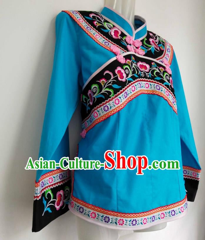 Chinese Guizhou Ethnic Performance Clothing Bouyei Nationality Woman Blouse Embroidered Blue Top Garment Chinese Guizhou Ethnic Performance Clothing Bouyei Nationality Woman Blouse Embroidered Blue Top Garment