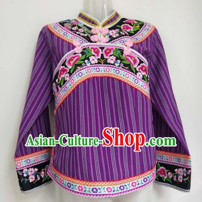 Chinese Embroidered Purple Top Garment Guizhou Ethnic Performance Clothing Bouyei Nationality Woman Blouse