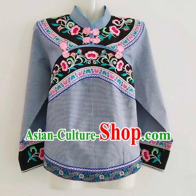 Chinese Guizhou Ethnic Dance Clothing Bouyei Nationality Embroidered Grey Blouse Top Garment