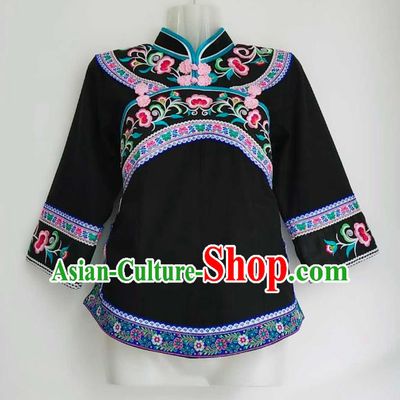 Chinese Bouyei Nationality Embroidered Black Blouse Guizhou Ethnic Dance Top Garment Clothing