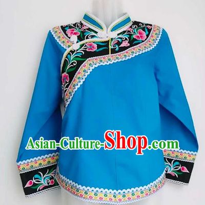 Chinese Ethnic Stage Performance Top Wear Bouyei Nationality Embroidered Blue Blouse Guizhou Minority Garment Clothing