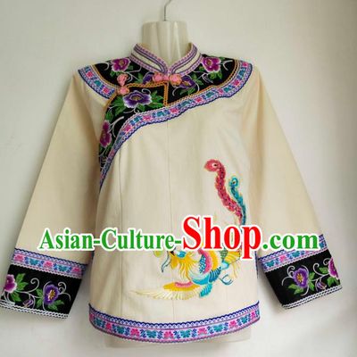 Chinese Bouyei Nationality Embroidered Phoenix Beige Blouse Ethnic Garment Guizhou Minority Top Wear