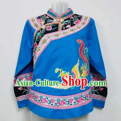 Chinese Guizhou Minority Ethnic Dance Top Wear Bouyei Nationality Embroidered Blue Blouse Garment Clothing