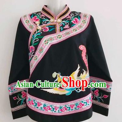 Chinese Baise Minority Ethnic Dance Wear Zhuang Nationality Embroidered Black Blouse Folk Dance Top Garment