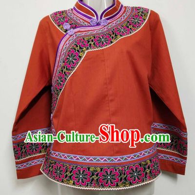 Chinese Guizhou Minority Top Wear Bouyei Nationality Embroidered Jacinth Blouse Ethnic Garment