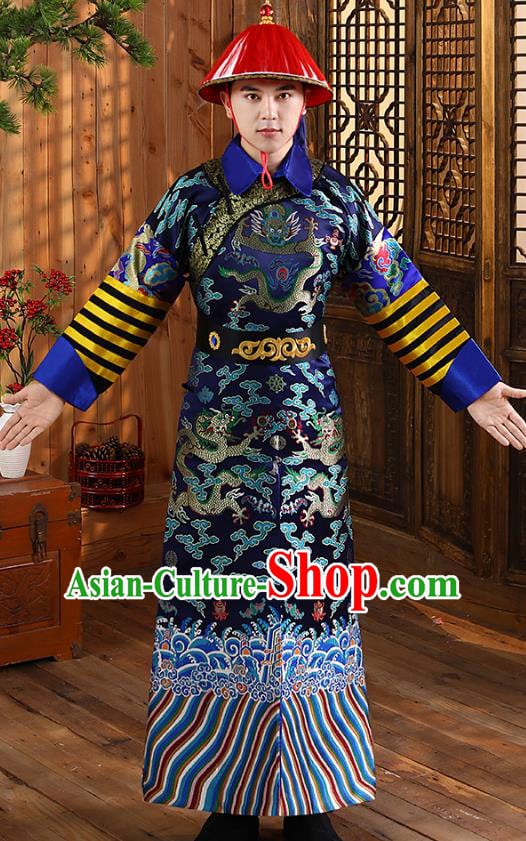 China Ancient Qing Dynasty Court Eunuch Navy Official Robe Garment Traditional Historical Clothing and Hat
