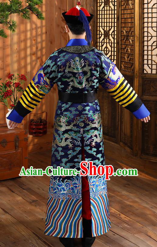 China Ancient Qing Dynasty Court Eunuch Navy Official Robe Garment Traditional Historical Clothing and Hat