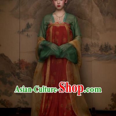 China Ancient Court Woman Red Hanfu Dress Traditional Tang Dynasty Princess Historical Garment Costumes and Handmade Headpieces