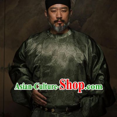 China Ancient Elderly Ministry Councillor Green Round Collar Robe Traditional Tang Dynasty Historical Garment Costume and Hat