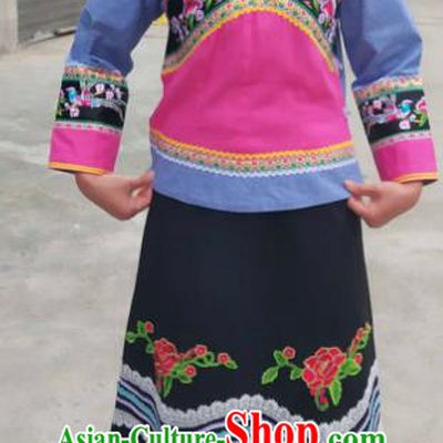 Chinese Bouyei Nationality Blue Blouse and Black Skirt Traditional Guizhou Ethnic Folk Dance Suits Clothing
