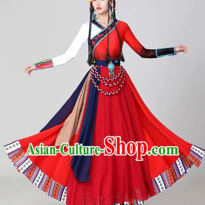 Chinese Tibetan Ethnic Dance Red Dress Traditional Zang Nationality Stage Performance Garments Costume