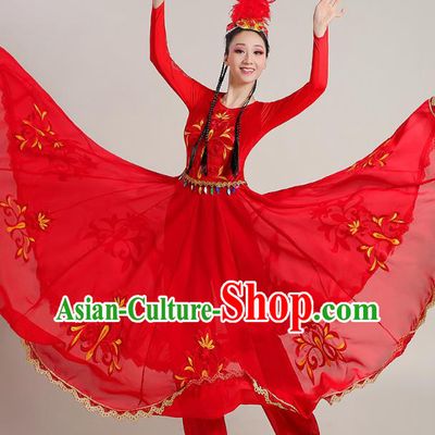 Chinese Xinjiang Dance Red Dress Ethnic Stage Performance Garments Costume Traditional Uygur Nationality Suits