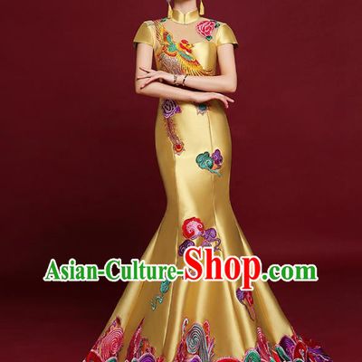 China Stage Show Yellow Satin Full Dress Catwalks Fashion Modern Cheongsam Clothing Compere Fishtail Qipao Dress Garment