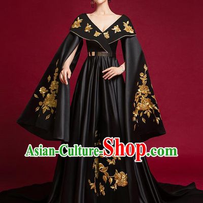 China Stage Show Black Trailing Full Dress Catwalks Fashion Clothing Compere Water Sleeve Dress Garment