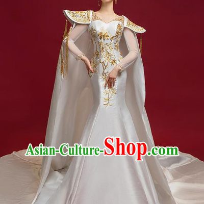 China Compere Embroidered Dress Garment Stage Show Long Trailing Cape Full Dress Catwalks Fashion Clothing