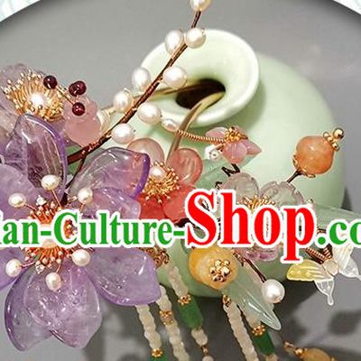 Chinese Ancient Palace Princess Amethyst Peach Blossom Hairpin Traditional Song Dynasty Court Tassel Hair Stick
