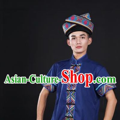 Chinese Traditional Guangxi Ethnic Male Blue Suits Clothing Zhuang Nationality Folk Dance Blue Shirt and Pants