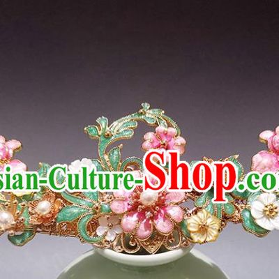Chinese Ancient Court Lady Pearls Hairpin Traditional Ming Dynasty Enamel Peach Blossom Hair Stick