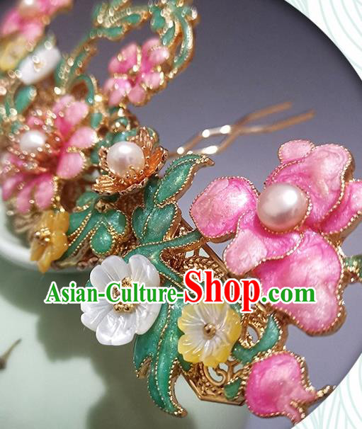 Chinese Ancient Court Lady Pearls Hairpin Traditional Ming Dynasty Enamel Peach Blossom Hair Stick Chinese Ancient Court Lady Pearls Hairpin Traditional Ming Dynasty Enamel Peach Blossom Hair Stick