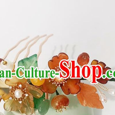 Chinese Ancient Princess Pearls Hairpin Traditional Song Dynasty Agate Flowers Hair Comb