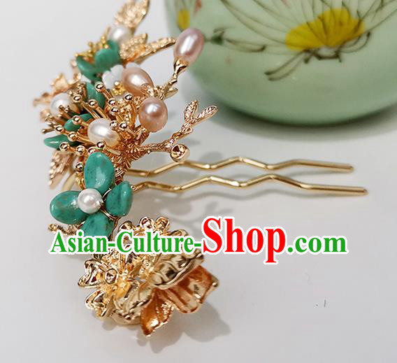 Chinese Ancient Empress Pearls Hairpin Traditional Song Dynasty Green Plum Blossom Hair Stick Chinese Ancient Empress Pearls Hairpin Traditional Song Dynasty Green Plum Blossom Hair Stick