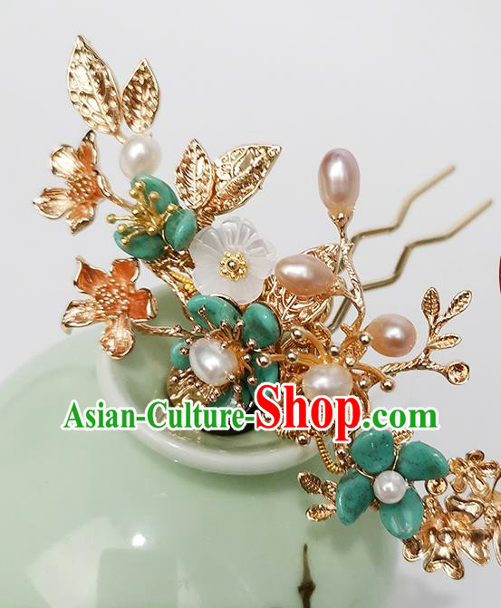 Chinese Ancient Empress Pearls Hairpin Traditional Song Dynasty Green Plum Blossom Hair Stick Chinese Ancient Empress Pearls Hairpin Traditional Song Dynasty Green Plum Blossom Hair Stick