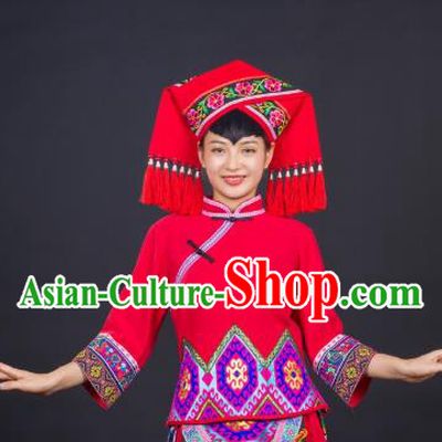 Chinese Guangxi Minority Performance Dress Ethnic Folk Dance Garment Clothing Traditional Zhuang Nationality Red Suits and Headwear