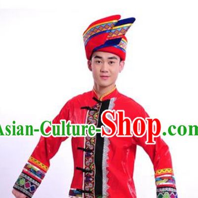 Chinese Traditional Guangxi Ethnic Wedding Male Red Suits Clothing Zhuang Nationality Stage Performance Shirt and Pants