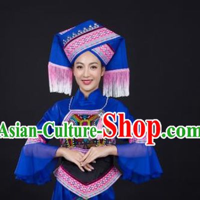 Chinese Traditional Zhuang Nationality Blue Suits Guangxi Minority Blouse and Pants Ethnic Folk Dance Garment Clothing with Headwear