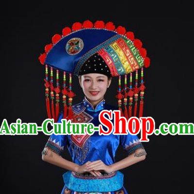 Chinese Guangxi Minority Blue Dress Ethnic Festival Garment Clothing Traditional Zhuang Nationality Folk Dance Suits and Headwear