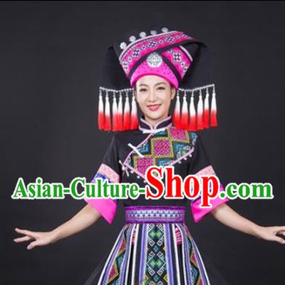 Chinese Traditional Zhuang Nationality Folk Dance Black Suits Guangxi Minority Dress Ethnic Festival Garment Clothing and Tassel Hat