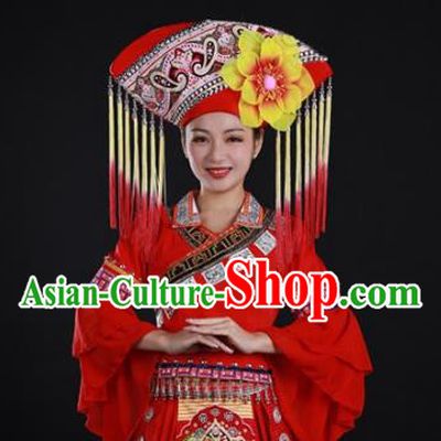 Chinese Ethnic Festival Garment Clothing Traditional Zhuang Nationality Red Suits Guangxi Minority Wedding Dress and Headwear