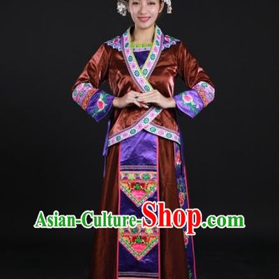 Chinese Xiangxi Minority Performance Brown Dress Ethnic Dance Garment Clothing Traditional Miao Nationality Suits and Silver Headdress