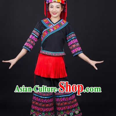 Chinese Xiangxi Minority Performance Black Suits Ethnic Folk Dance Clothing Traditional Yao Nationality Female Garments and Hat