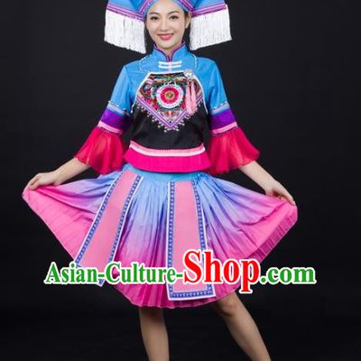 Chinese Ethnic Dance Performance Clothing Traditional Zhuang Nationality Female Garments Guangxi Minority Short Dress and Headwear