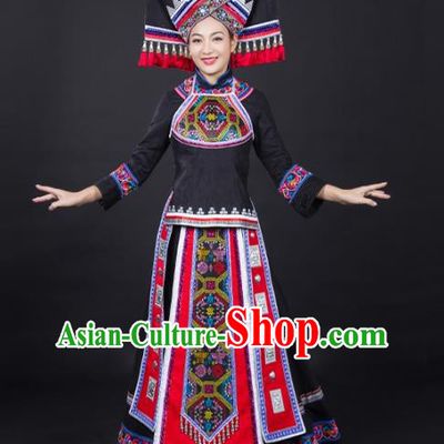 Chinese Zhuang Nationality Dance Garments Guangxi Minority Stage Performance Black Dress Traditional Ethnic Clothing and Headwear
