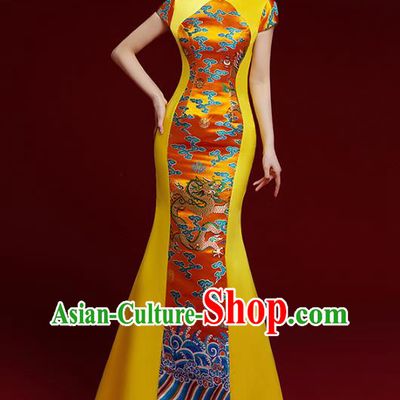 China Stage Show Clothing Catwalks Classical Dragon Pattern Brocade Cheongsam Garment Wedding Golden Fishtail Full Dress