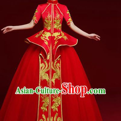 China Wedding Red Brocade Full Dress Stage Show Clothing Catwalks Compere Cheongsam Garment