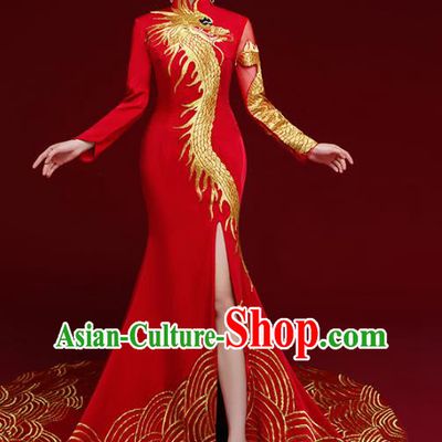 China Catwalks Compere Embroidered Dragon Cheongsam Garment Wedding Red Brocade Trailing Full Dress Stage Show Clothing