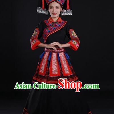 Chinese Guangxi Minority Black Dress Ethnic Performance Clothing Traditional Zhuang Nationality Dance Garments and Hat