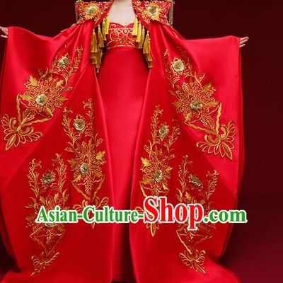 China Wedding Red Trailing Full Dress Stage Show Cape Clothing Catwalks Queen Embroidered Garment