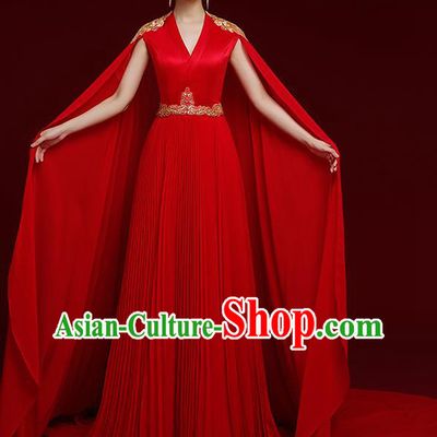 China Catwalks Embroidered Dress Garment Compere Red Trailing Cape Full Dress Stage Show Clothing