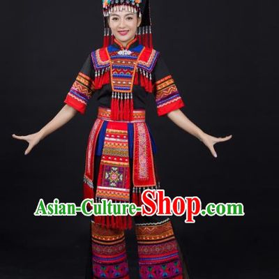 Chinese Ethnic Folk Dance Clothing Traditional Yao Nationality Female Garments Xiangxi Minority Black Suits and Headwear