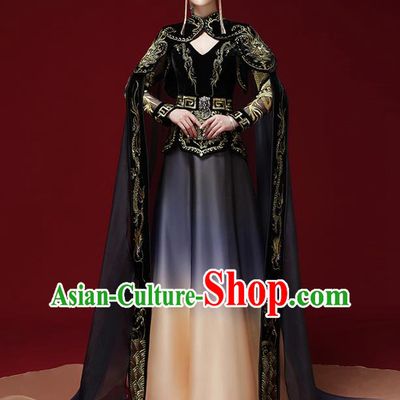 China Stage Show Embroidered Clothing Catwalks Dress Garment Compere Black Trailing Cape Full Dress