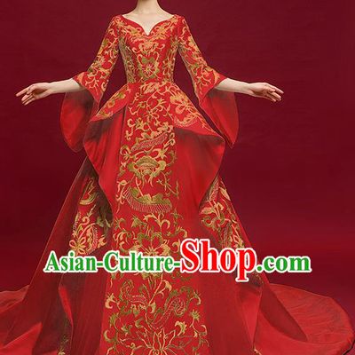 China Catwalks Full Dress Embroidered Garment Compere Trailing Dress Stage Show Wedding Clothing