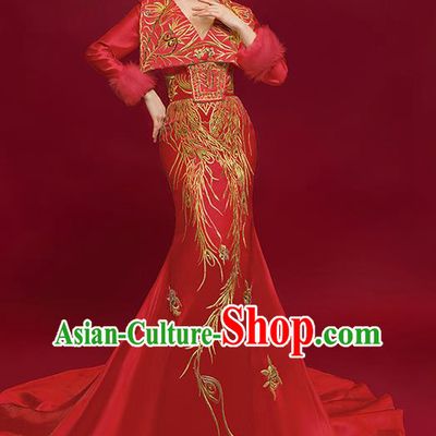 China Catwalks Trailing Full Dress Bride Embroidered Phoenix Wedding Garment Compere Dress Stage Show Clothing