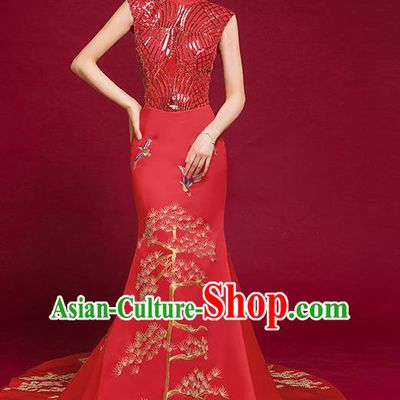 China Catwalks Embroidered Sequins Garment Compere Red Cheongsam Dress Stage Show Wedding Clothing Bride Trailing Full Dress