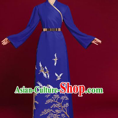 China Stage Show Embroidered Pine Crane Clothing Catwalks Royalblue Dress Garment Compere Trailing Full Dress